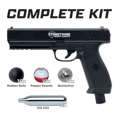 Streetwise Heat .50 Caliber Pepper Launcher, Pepper Ball Gun – Self Defense Pistol Includes 10 Rubber Balls, 10 Pepper Rounds, 10 Quicksilver Metal Composite Rounds, & 2 C02 Canisters - Titan Tactical