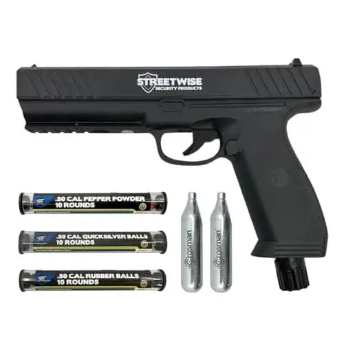 Streetwise Heat .50 Caliber Pepper Launcher, Pepper Ball Gun – Self Defense Pistol Includes 10 Rubber Balls, 10 Pepper Rounds, 10 Quicksilver Metal Composite Rounds, & 2 C02 Canisters - Titan Tactical